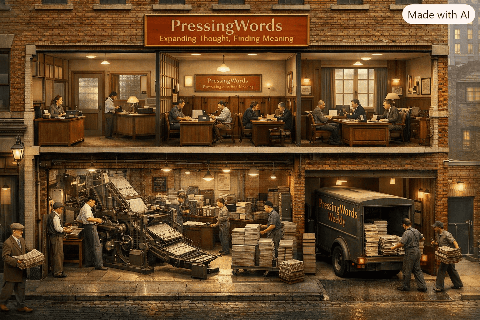 Cutaway illustration of the 1949 London PressingWords publishing house showing brick exterior and interior rooms. Upper floor includes lobby, secretarial desks, journalists, editors, and executive offices; lower floor shows printing presses and a delivery truck at the loading dock. Warm lighting and period details evoke mid‑century London.