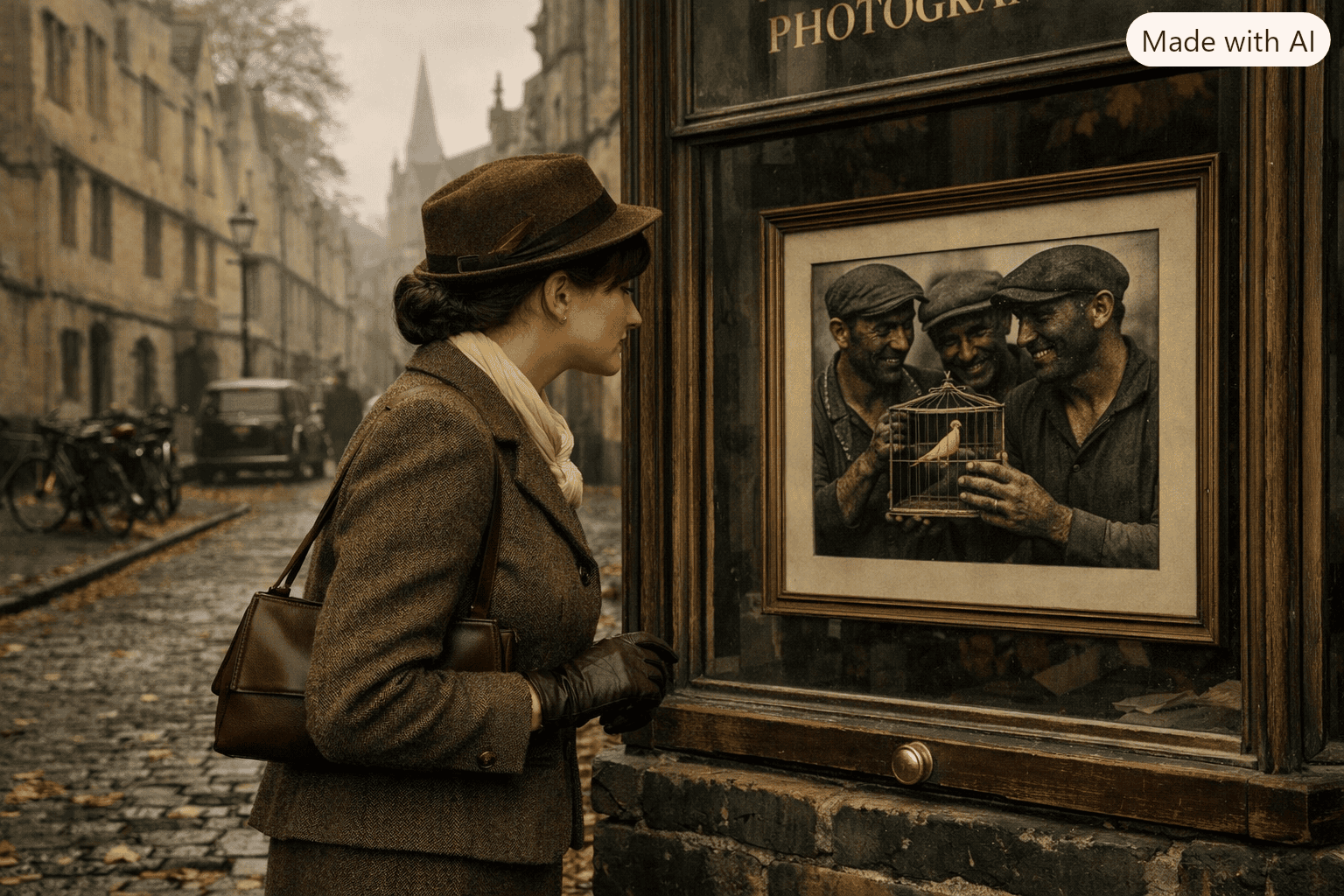 Woman in tweed suit and gloves gazes at a shop window photograph of coal miners holding a caged canary on a misty autumn street lined with cobblestones and historic buildings.