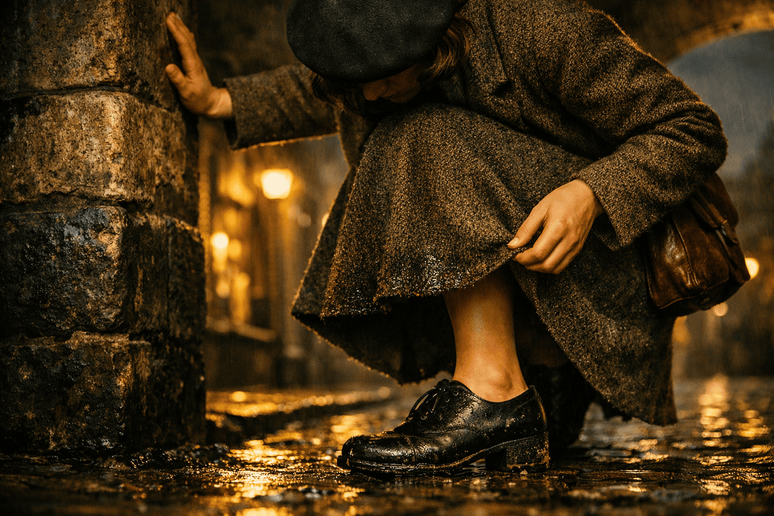 A woman in 1940s clothing crouches under a stone archway on a rainy night, lifting the wet, mud‑stained hem of her tweed skirt to inspect it. Her face is hidden by a beret. One hand steadies her against the wall while her Oxford shoes rest on wet cobblestones lit by a nearby streetlamp.