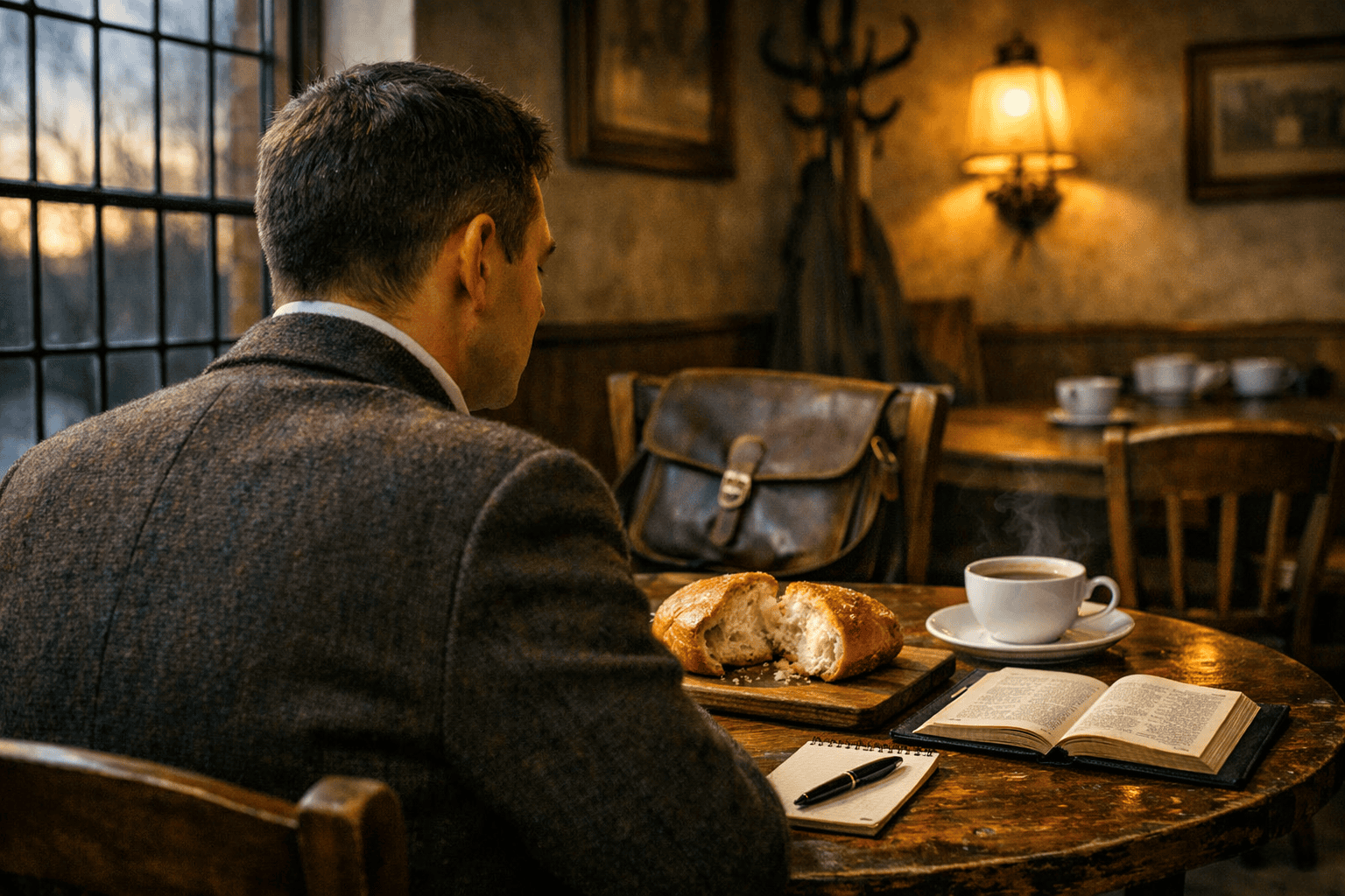Oxford scholar in tweed jacket seated at a wooden table in a 1939 English tea room, with torn bread on a cutting board, open Bible, steaming teacup, and leather satchel on the chair beside him